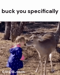 A Little Girl Standing Next To A Deer With The Words Buck You Specifically GIF