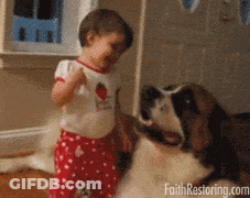 A Little Girl Standing Next To A Dog With The Website Faith Restoring.com Visible GIF