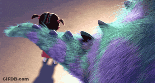 A Little Girl Standing Next To A Large Purple Furry Monster GIF