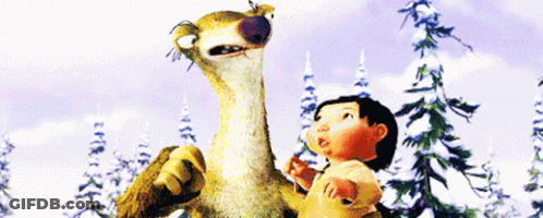 A Little Girl Standing Next To A Stuffed Animal With Trees In The Background GIF