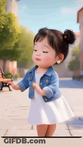 A Little Girl Wearing A Denim Jacket And A White Dress Is Walking Down A Sidewalk . GIF