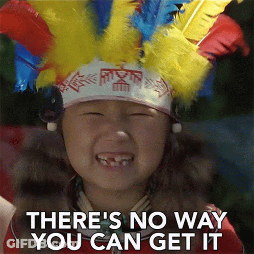 A Little Girl Wearing A Feathered Headdress With The Words There 'S No Way You Can Get It Below Her GIF