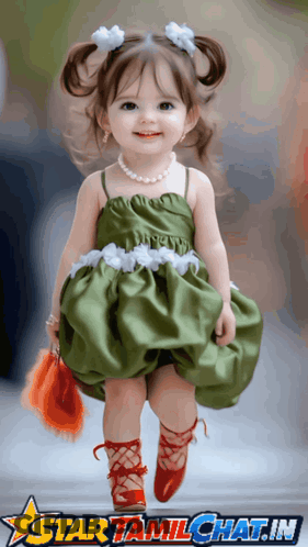 A Little Girl Wearing A Green Dress And Red Shoes Is On A Star Tamilchat.in Poster GIF