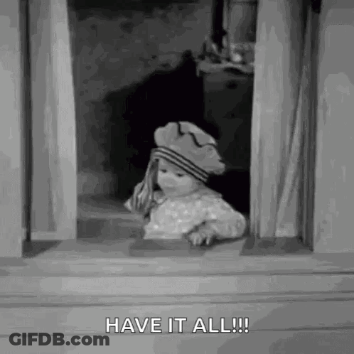 A Little Girl Wearing A Hat Is Looking Out Of A Window And Saying `` Have It All '' . GIF