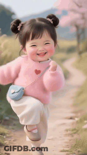 A Little Girl Wearing A Pink Sweater And White Pants Is Running Down A Dirt Road . GIF