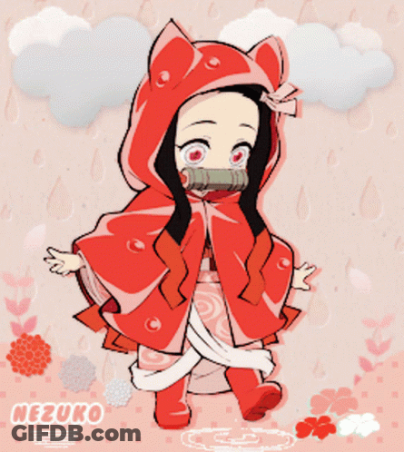 A Little Girl Wearing A Red Cape With The Name Nezuko On The Bottom Right GIF