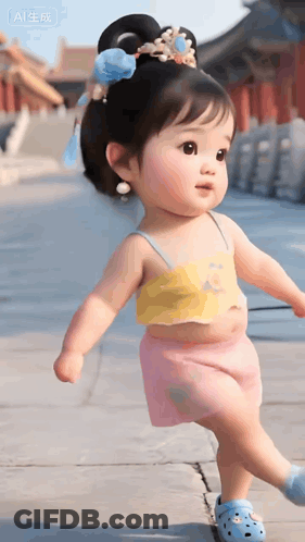 A Little Girl Wearing A Yellow Top And Pink Skirt Is Walking Down The Street GIF