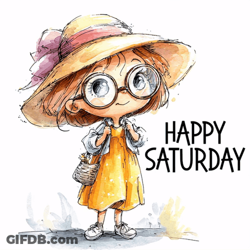 A Little Girl Wearing Glasses And A Hat Is Holding A Basket And Says Happy Saturday GIF