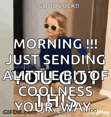 A Little Girl Wearing Sunglasses And A Blue Dress Says Good Luck GIF