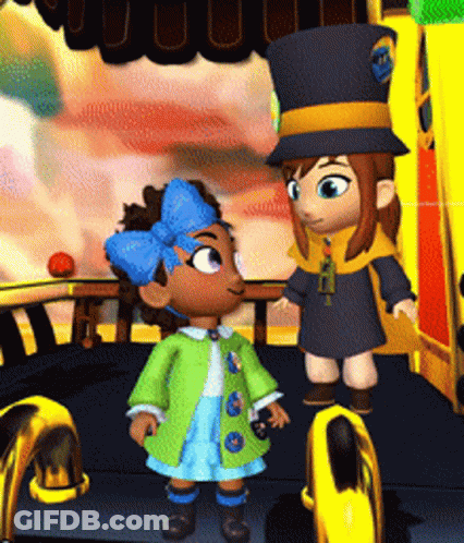 A Little Girl With A Blue Bow On Her Head Is Standing Next To A Little Girl Wearing A Top Hat GIF