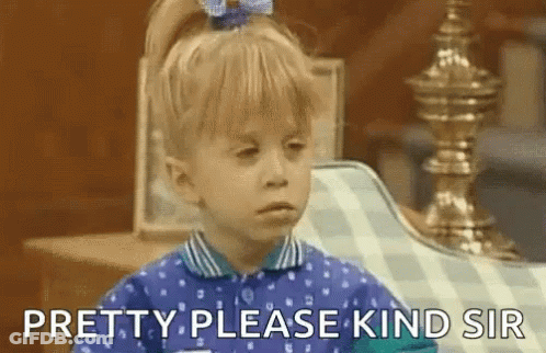 A Little Girl With A Bow In Her Hair Is Sitting On A Chair And Saying Pretty Please Kind Sir . GIF