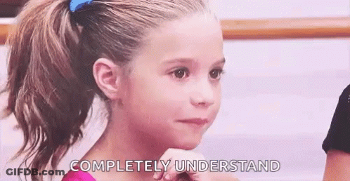 A Little Girl With A Ponytail Is Looking At The Camera With The Words `` Completely Understand '' On Her Face . GIF