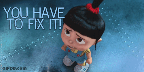 A Little Girl With A Red Bow In Her Hair Is Standing In Front Of A Sign That Says " You Have To Fix It " GIF