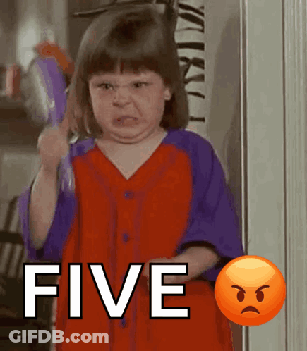 A Little Girl With An Angry Face Is Holding A Broom And The Word Five Is On The Bottom GIF