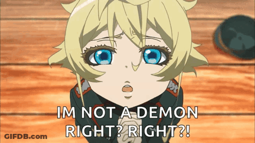 A Little Girl With Blue Eyes Is Saying I 'M Not A Demon Right Right GIF
