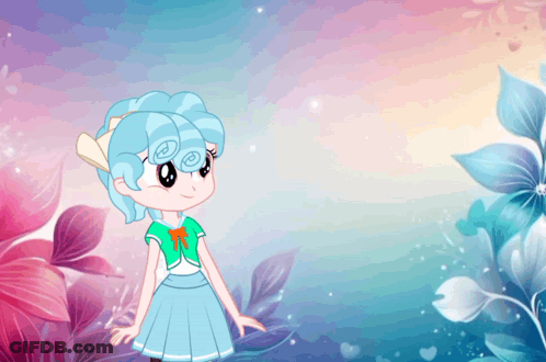 A Little Girl With Blue Hair Is Standing In A Garden GIF