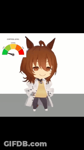 A Little Girl With Brown Hair Is Standing Next To A Cortisol Level Meter GIF