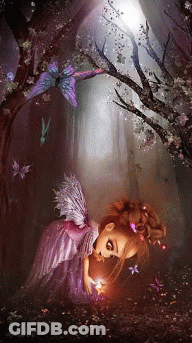 A Little Girl With Fairy Wings Is Surrounded By Butterflies And A Tree GIF