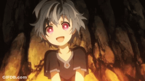A Little Girl With Gray Hair And Red Eyes Is Smiling And Looking Up . GIF