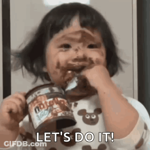 A Little Girl With Her Face Covered In Chocolate Is Holding A Can Of Nutella And Eating It . GIF