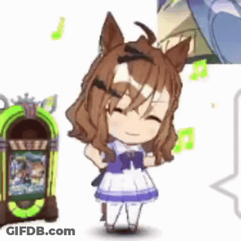 A Little Girl With Horse Ears Is Standing Next To A Jukebox And Smiling . GIF