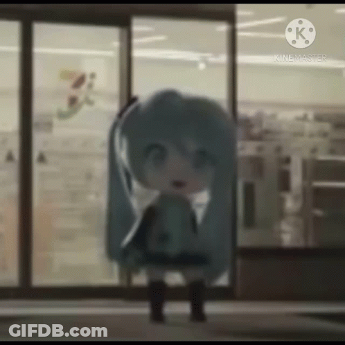 A Little Girl With Long Hair Is Standing In Front Of A Store Door . GIF