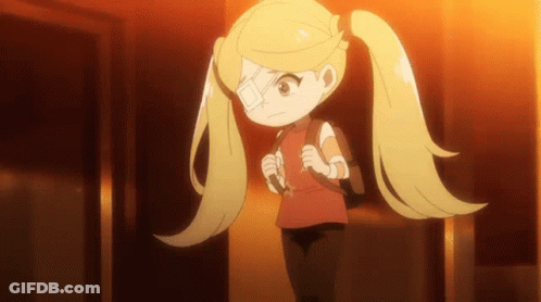 A Little Girl With Pigtails And A Bandage On Her Eye Is Standing In A Hallway . GIF