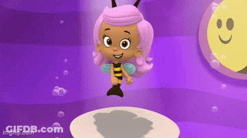 A Little Girl With Pink Hair And A Bee Outfit Is Standing On A Purple Surface . GIF