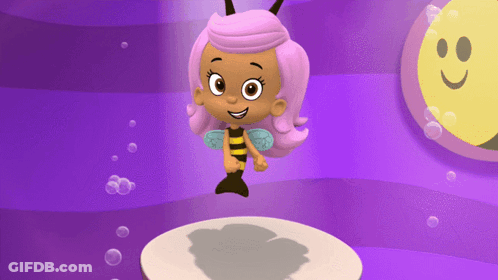 A Little Girl With Pink Hair And A Bee Outfit GIF