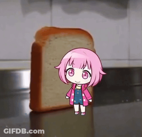 A Little Girl With Pink Hair Is Standing Next To A Loaf Of Bread GIF