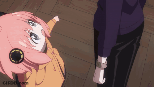 A Little Girl With Pink Hair Is Standing Next To A Man In A Purple Shirt GIF