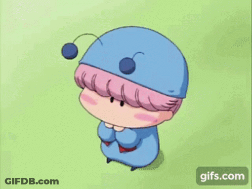 A Little Girl With Pink Hair Is Wearing A Blue Hat And A Red Bow . GIF