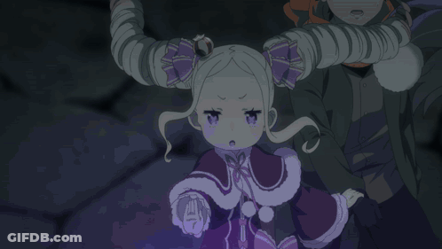 A Little Girl With Purple Hair And A Red Cape Is Standing In A Dark Room GIF