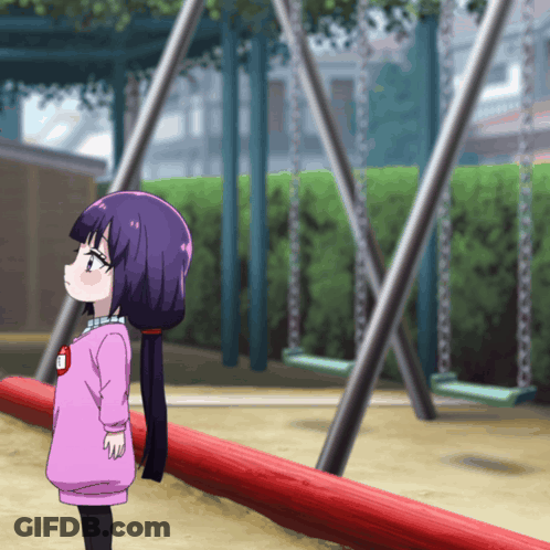 A Little Girl With Purple Hair Stands In Front Of A Swing Set In A Park GIF