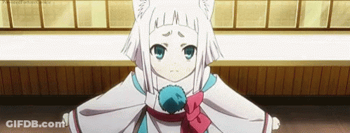 A Little Girl With White Hair And Blue Eyes Is Wearing A Cat Costume And Standing In A Room . GIF