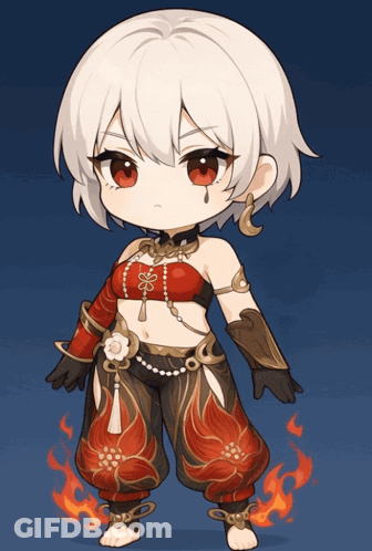 A Little Girl With White Hair And Red Eyes Is Wearing A Red Top And Black Pants GIF