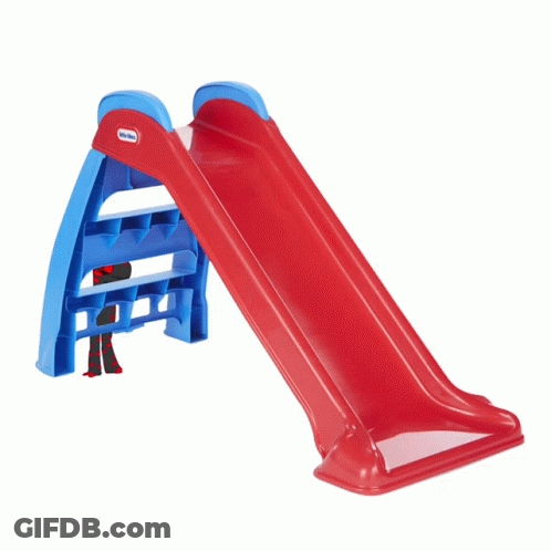 A Little Tikes Slide With A Black And Red Monster Standing Next To It GIF