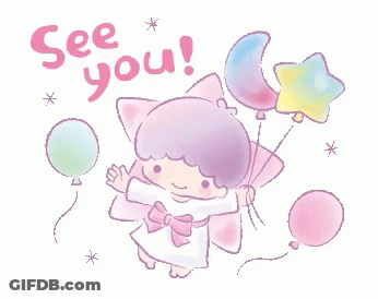 A Little Twin Stars Illustration With Balloons And The Words `` See You '' GIF