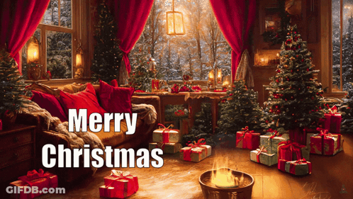 A Living Room Decorated For Christmas With The Words Merry Christmas On The Bottom GIF