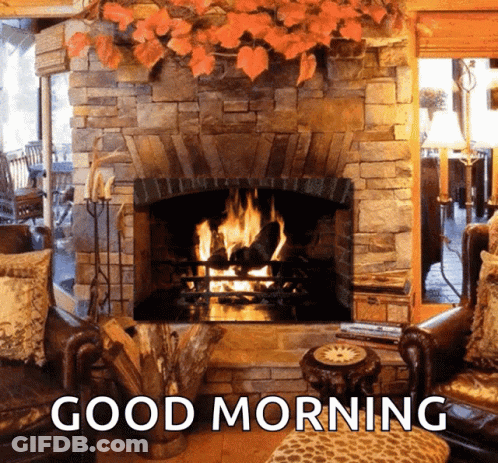 A Living Room With A Fireplace And The Words Good Morning On It GIF