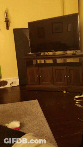 A Living Room With A Flat Screen TV On A Wooden Stand GIF