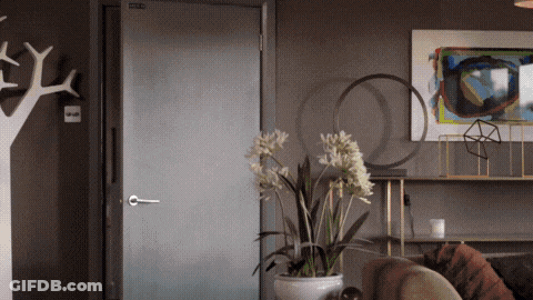 A Living Room With A Painting On The Wall And A Plant In Front Of A Door GIF