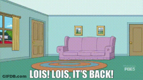 A Living Room With A Pink Couch And The Words `` Lois ! Lois , It 'S Back '' . GIF