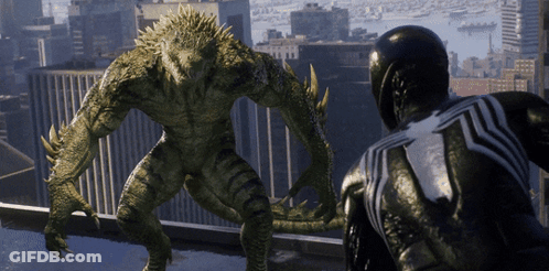 A Lizard Standing Next To A Spider Man In A Video Game GIF