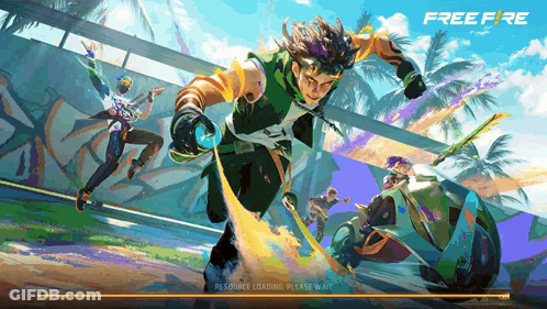 A Loading Screen For Free Fire Shows A Man On A Skateboard GIF