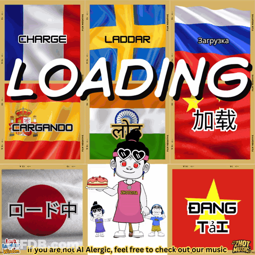 A Loading Screen Shows A Girl Holding A Cake In Front Of Flags From Different Countries GIF