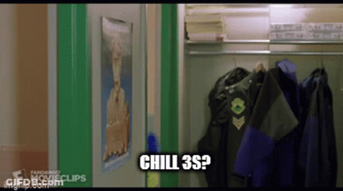 A Locker With Jackets Hanging On A Rack And A Sign That Says Chill 3S ? GIF