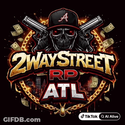 A Logo For 2 Way Street Rp Atl With A Skull Holding Guns GIF