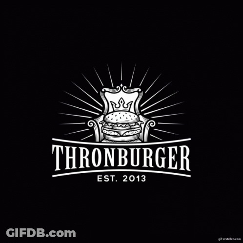 A Logo For A Restaurant Called Thornburger With A Hamburger In A Chair GIF