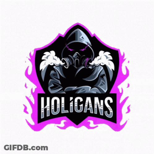 A Logo For A Team Called The Holigans With A Person In A Gas Mask GIF